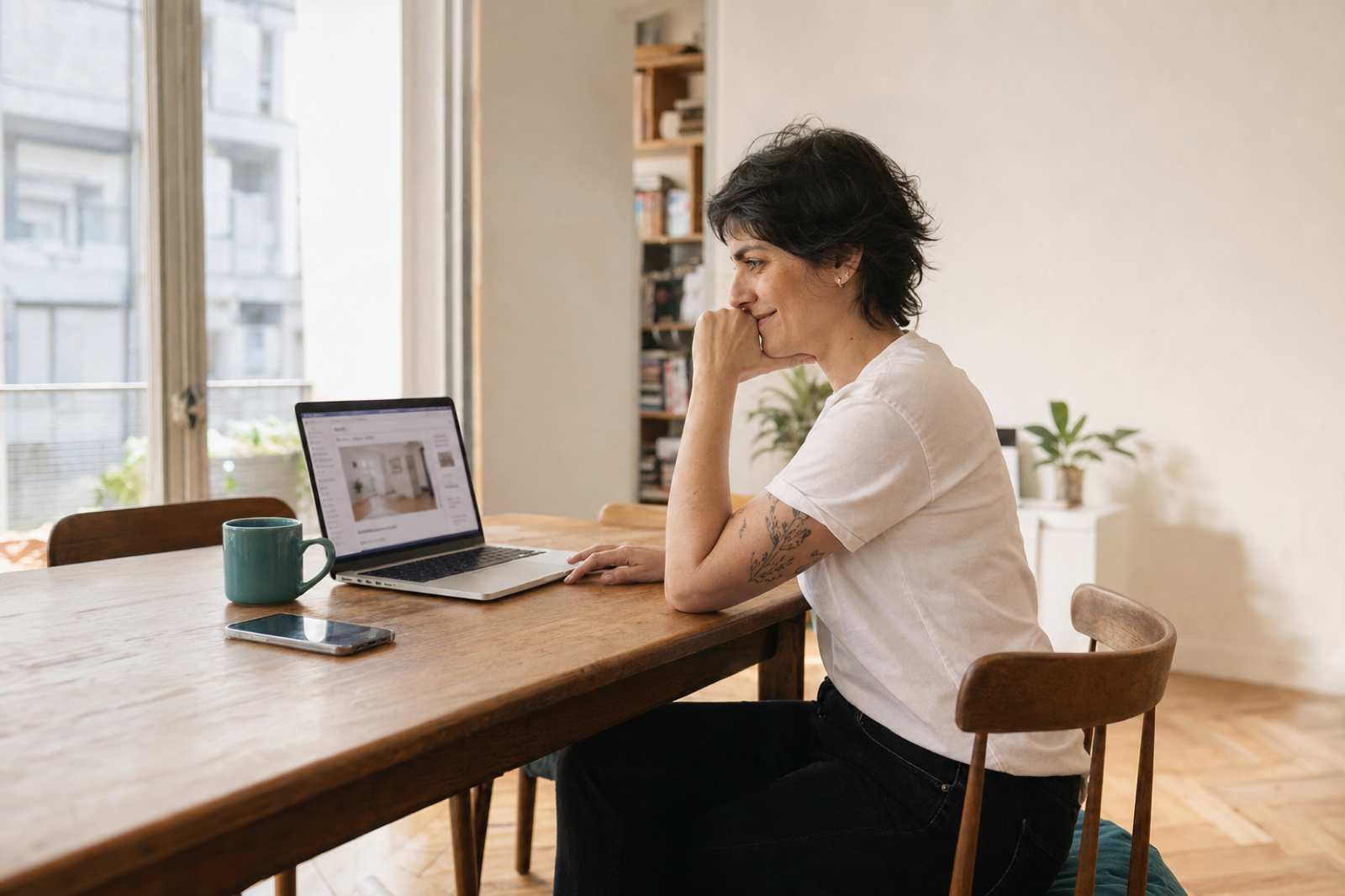 Comprador revisando un aviso inmobiliario en la notebook, con tiempo y foco antes de definir cómo sigue.